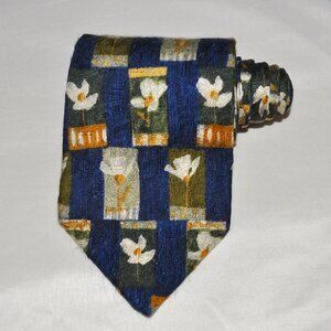 Geoffrey Beene Vintage Men's 100% Silk Floral Necktie Blue White Easter